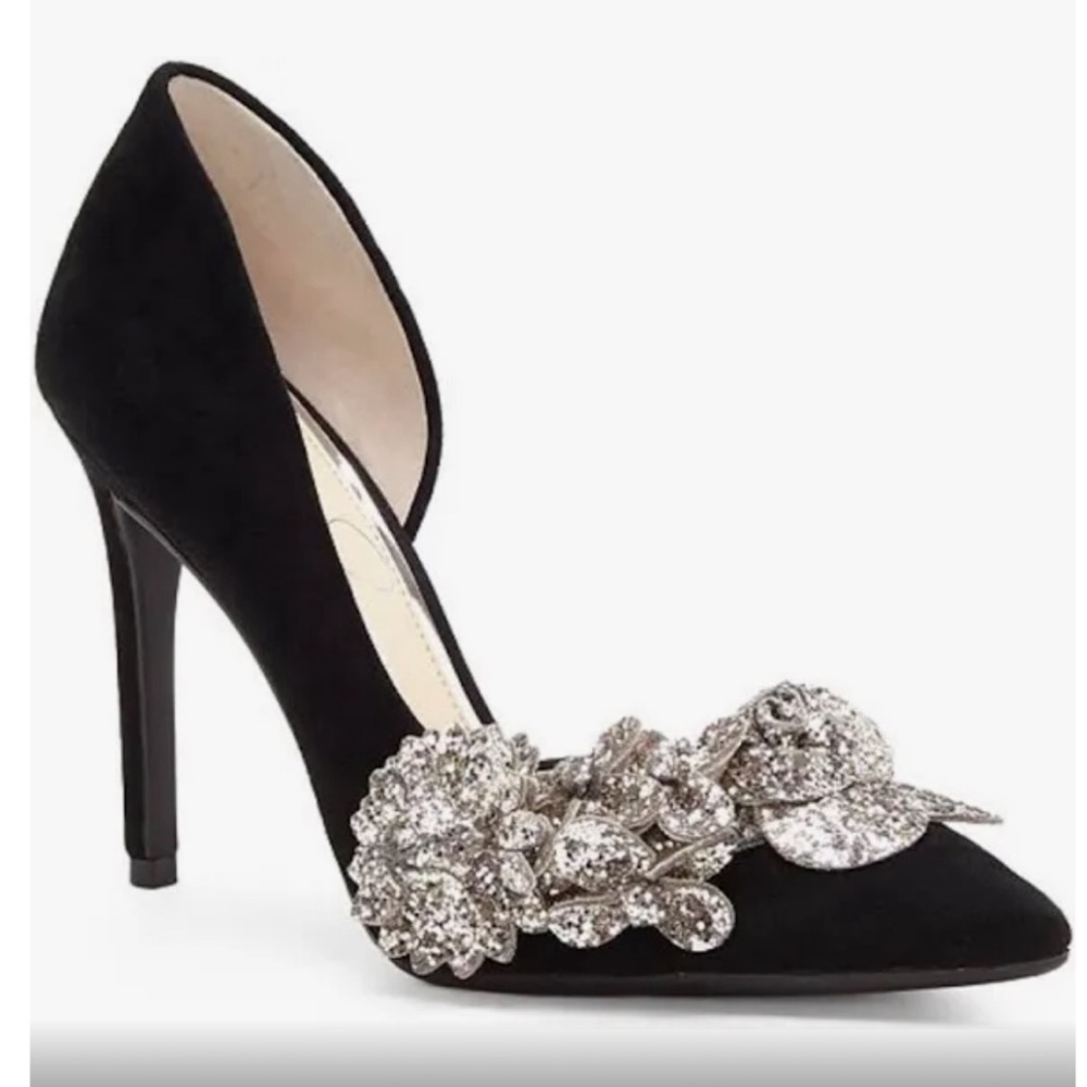 Jessica Simpson velvet like black heels embellished with silver flower details.